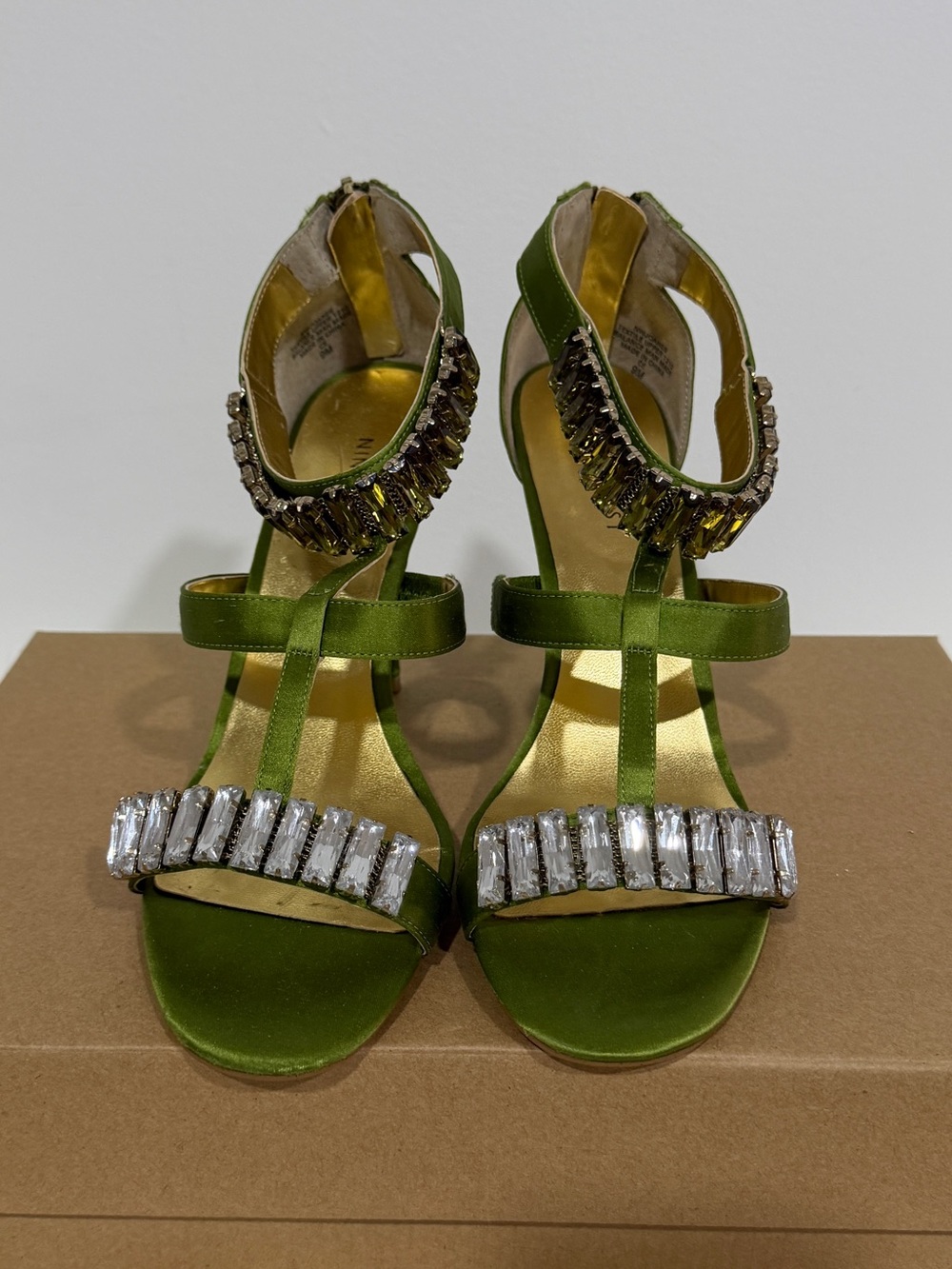Nine West Olive Green Jeweled Satin T-Strap Heels Ladies